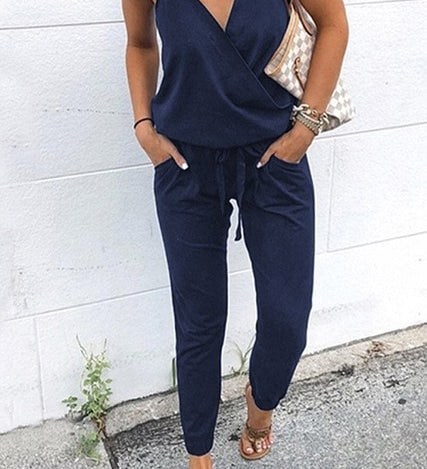 Women Slant Shoulder Casual Pocket Jumpsuit Short Sleeve