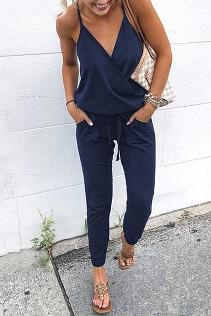 Women Slant Shoulder Casual Pocket Jumpsuit Short Sleeve