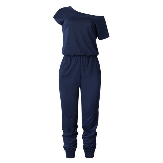 Women Slant Shoulder Casual Pocket Jumpsuit Short Sleeve