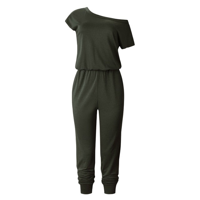 Women Slant Shoulder Casual Pocket Jumpsuit Short Sleeve