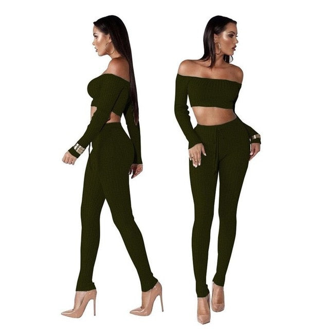 Women Knitted Lounge Wear Sets 2pcs Crop Top
