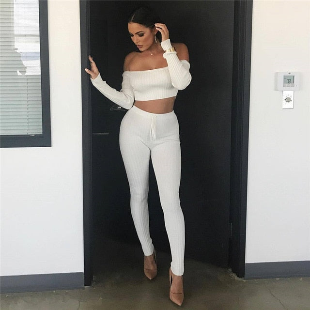 Women Knitted Lounge Wear Sets 2pcs Crop Top