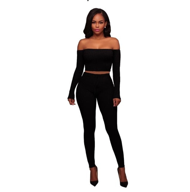 Women Knitted Lounge Wear Sets 2pcs Crop Top