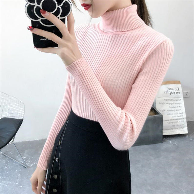 Sweater casual solid turtleneck female pullover