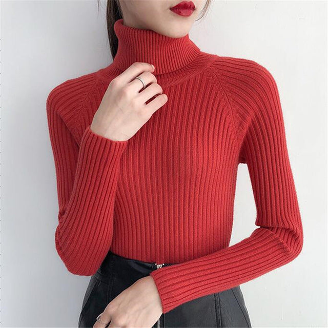 Sweater casual solid turtleneck female pullover
