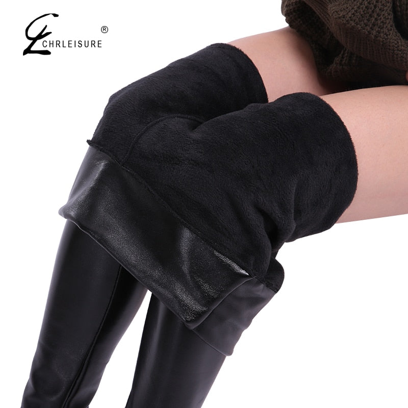 Winter Leather Leggings Women High Waist Warm Black Leggins