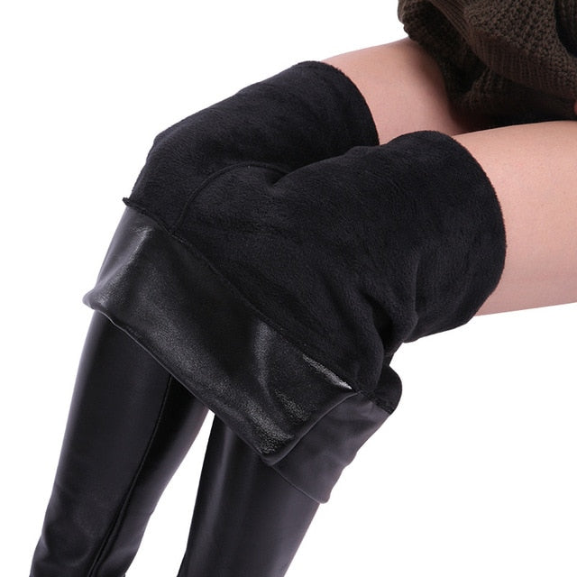 Winter Leather Leggings Women High Waist Warm Black Leggins